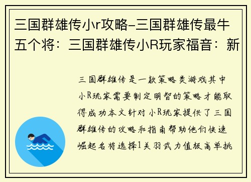 三国群雄传小r攻略-三国群雄传最牛五个将：三国群雄传小R玩家福音：新手崛起攻略宝典