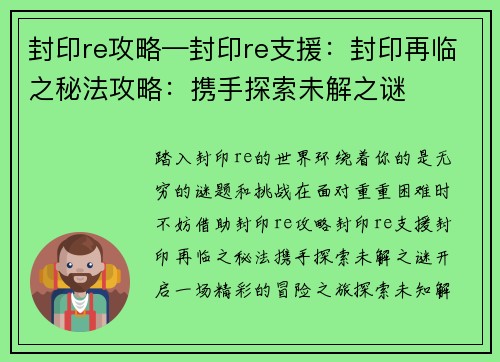 封印re攻略—封印re支援：封印再临之秘法攻略：携手探索未解之谜