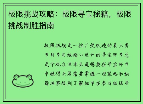 极限挑战攻略：极限寻宝秘籍，极限挑战制胜指南